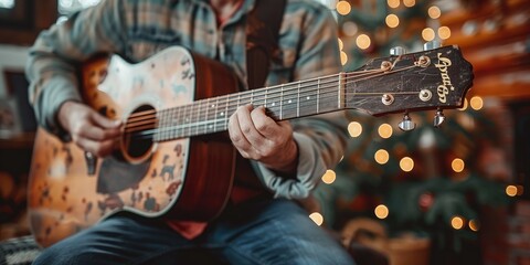 Fototapeta premium Musician playing an acoustic guitar with holiday lights in a cozy indoor setting