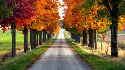 Fototapeta premium Quiet country road lined with trees in vibrant autumn colors
