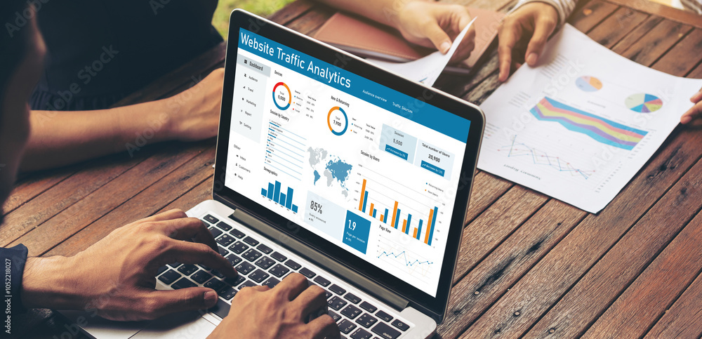 Poster computer software for website traffic analytics data on computer screen. concept of seo search engin