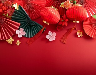 Obraz premium lunar new year background chinese folding paper fans hanging lanterns and flowers on red background