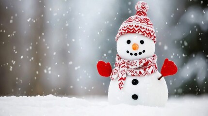 Obraz premium Cute Smiling Snowman in a Cozy Winter Outfit with Snowy Forest Background and Falling Snowflakes