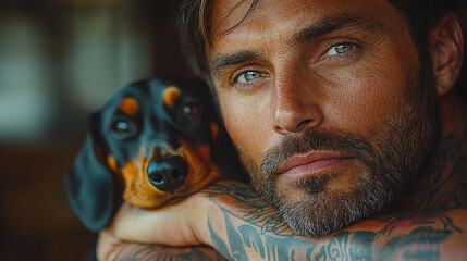 homem com cachorro duchshund fofo