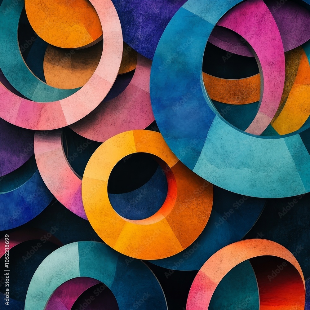 Poster vibrant geometric circles intertwined in a dynamic color palette representing abstract art and moder