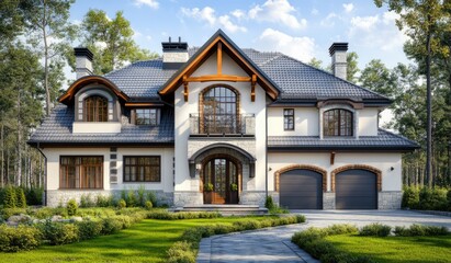 3D rendering of a house with a gable roof and garage, white walls, wooden beams on the facade, gray metal tiles, and green trees around.