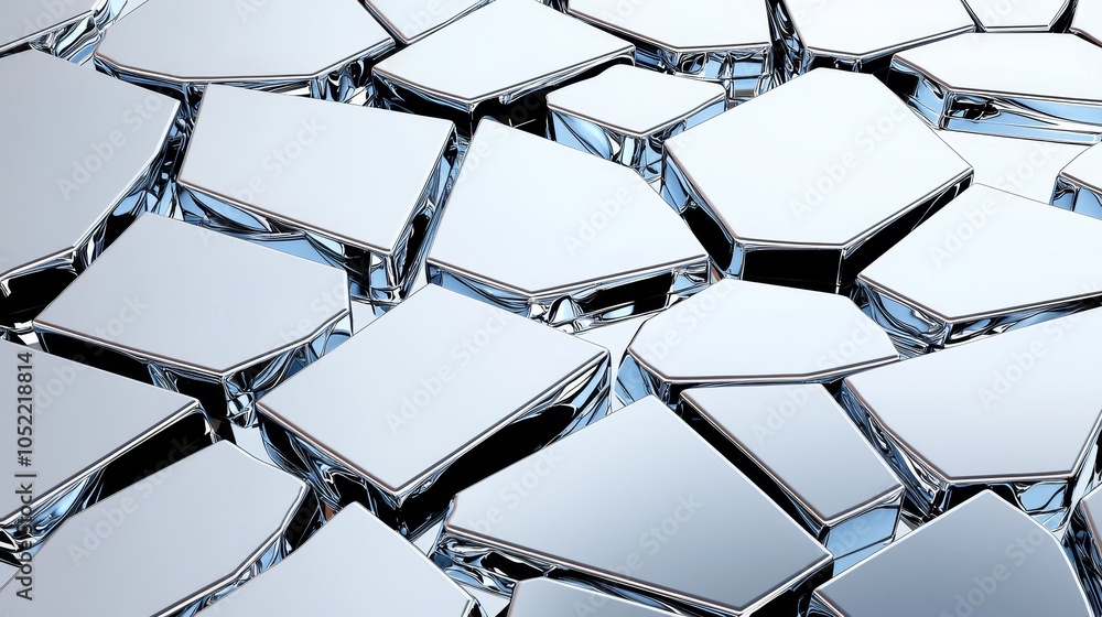 Poster reflective geometry exploring the intricate patterns of shimmering metallic surfaces in modern desig