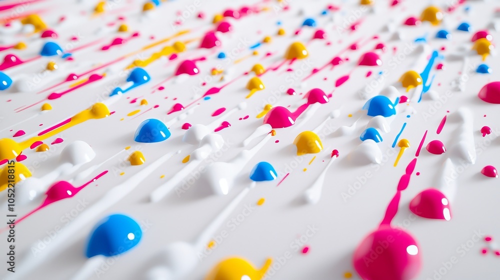 Poster vibrant splashes of color exploring the artistic expression through paint droplets on white canvas