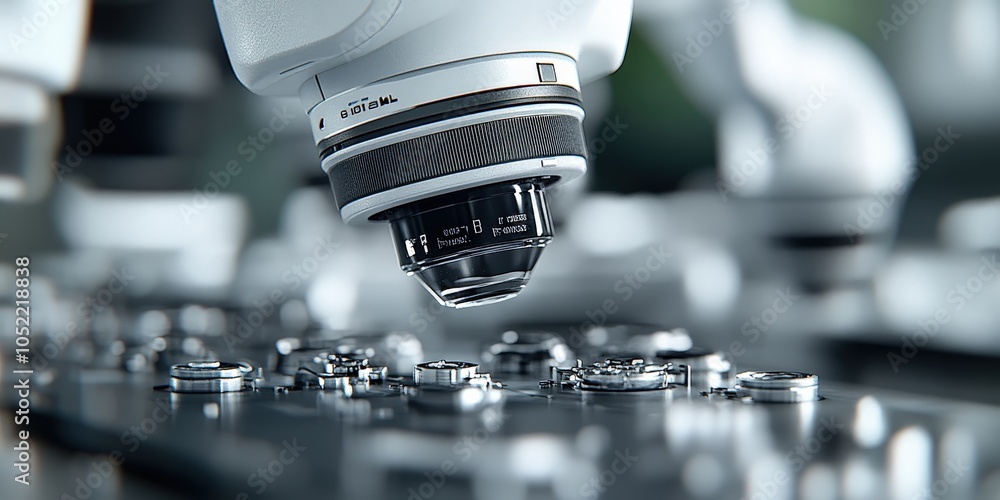Aufkleber robotic arm with camera lens inspecting circuit board in factory