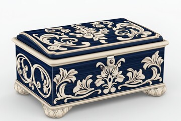 dark blue and cream classic wooden box shiny with with intricate floral carvings on white background 