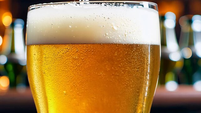 A detailed close-up of golden beer, capturing tiny bubbles rising through the liquid and a frothy foam layer on top.