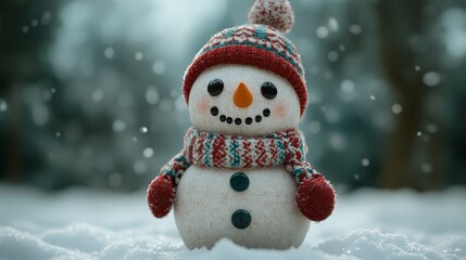 Fototapeta premium Cute Smiling Snowman in a Cozy Winter Outfit with Snowy Forest Background and Falling Snowflakes