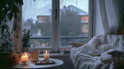 Cozy corner by a rainy window with soft blankets and candles, creating a warm and inviting atmosphere for relaxation.