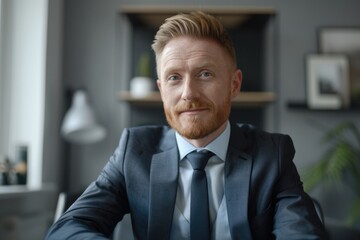 Businessman in suit making online video calls and interviews