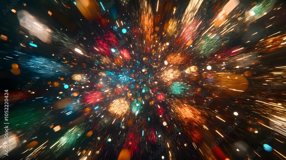 Poster a dazzling display of colorful lights and particles in motion, resembling a cosmic explosion or fest