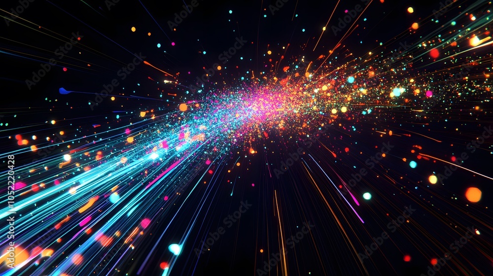 Poster a dazzling display of colorful lights and particles in motion, resembling a cosmic explosion or fest