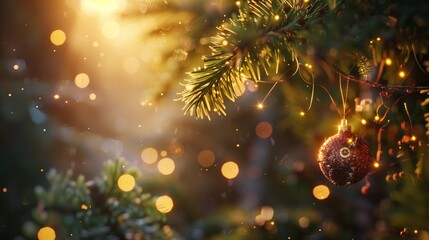 spruce branch in golden colors with bokeh background and Christmas tree ball