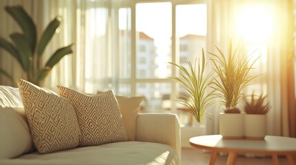 Sunlit living space with a bright white sofa, potted plants, and sunshine filtering through large windows inviting nature indoors.
