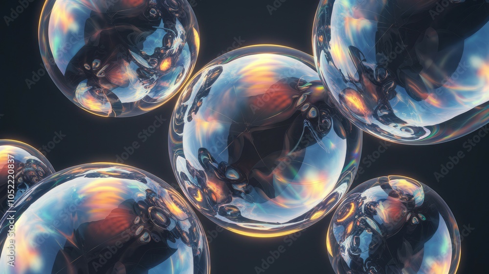 Poster iridescent bubbles abstract. shimmering spheres reflect light, creating an ethereal and dreamlike sc