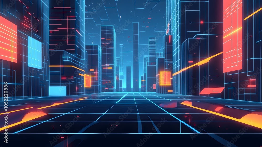 Poster a digital city skyline in vibrant neon colors, featuring futuristic architecture and glowing grid li