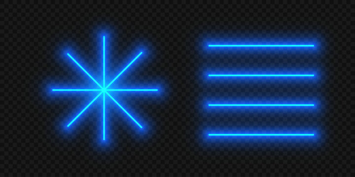 A bright blue neon star with eight rays stands next to parallel horizontal lines on a dark transparent background, creating a cool, futuristic light effect.