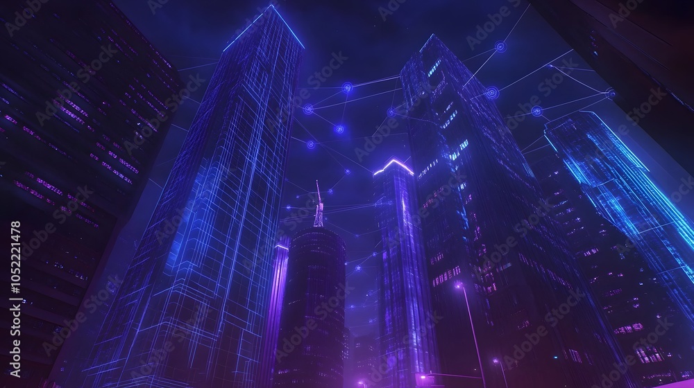 Poster a digital cityscape with interconnected nodes and glowing purple network lines representing data tra