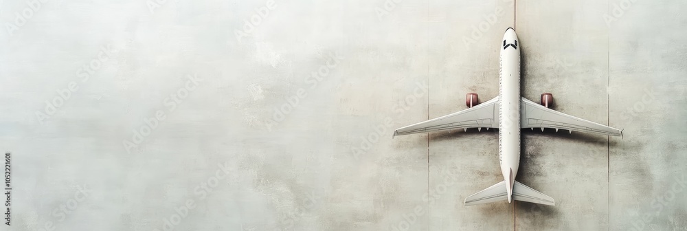 Poster Miniature passenger airplane model on concrete background with copy space, view from above. Concept of travel, transportation or vacation