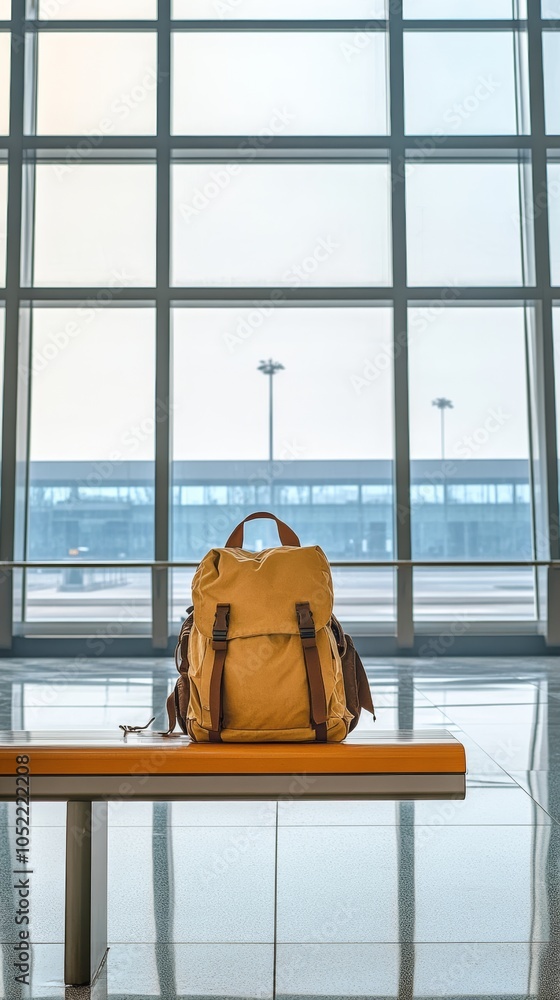 Poster yellow backpack rests on a bench in an empty airport terminal, waiting for its owner