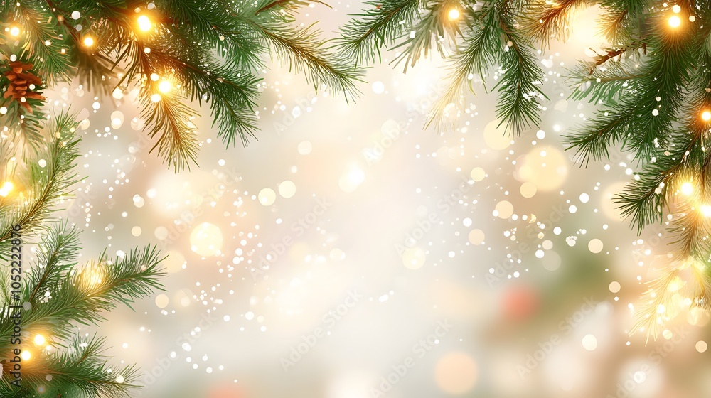 Poster a snow-dusted pine branch adorned with golden holiday lights, creating a warm, festive atmosphere wi