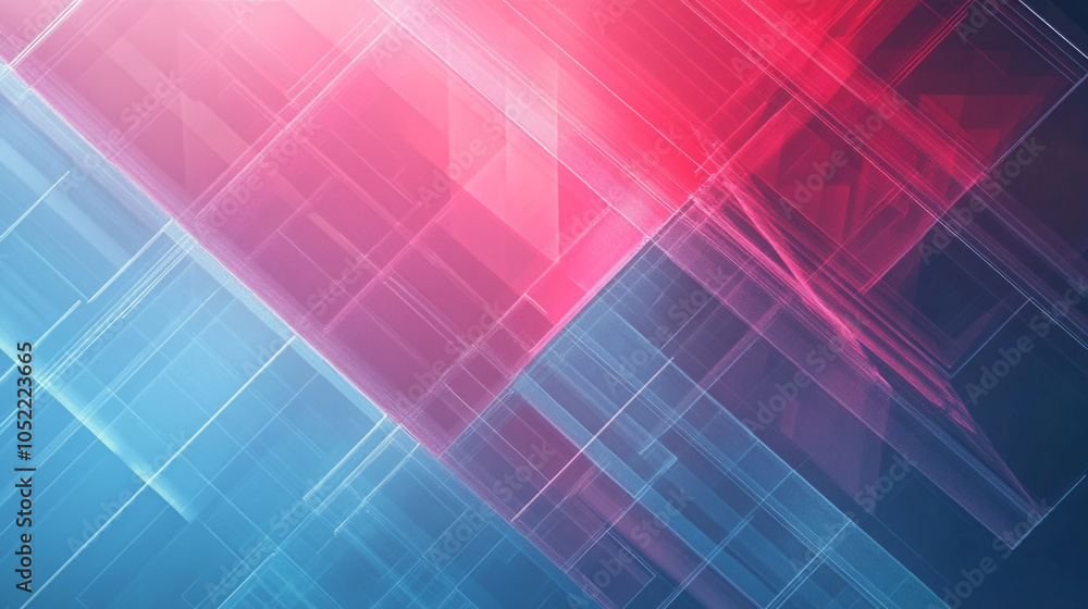 Poster bold geometric lines in vibrant colors, forming dynamic patterns with sharp angles, crisp red and bl