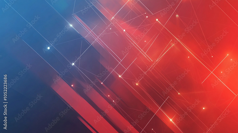 Poster bold geometric lines in vibrant colors, forming dynamic patterns with sharp angles, crisp red and bl