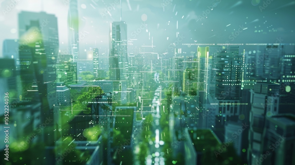Poster digital network connecting buildings and green spaces in a smart city, visualizing sustainable urban