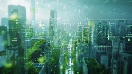 Obraz premium Digital network connecting buildings and green spaces in a smart city, visualizing sustainable urban development and innovative technological solutions for a greener future