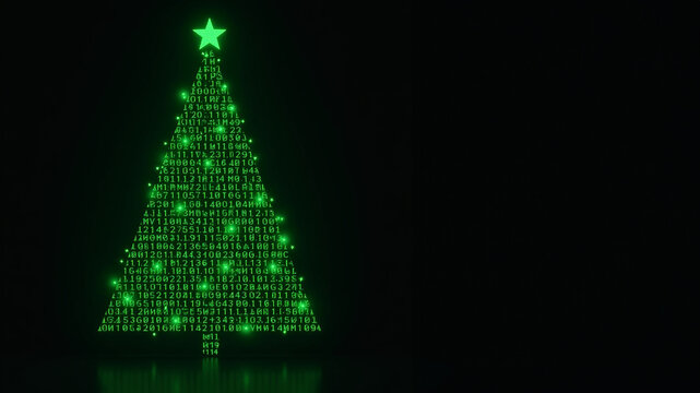 A glowing green Christmas tree is formed from binary numbers with a star on top, dark backdrop