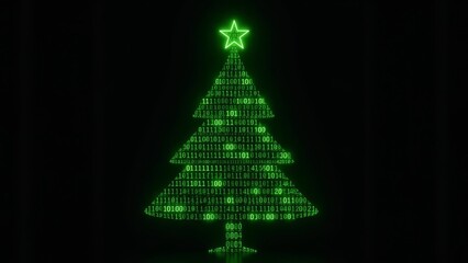 A glowing digital Christmas tree with binary code shines against a dark background