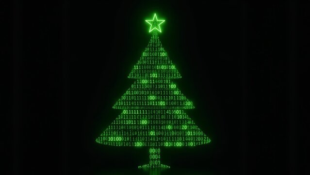 A glowing digital Christmas tree with binary code shines against a dark background