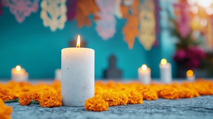 Bright cemetery altar at twilight, colorful papel picado overhead, soft candlelight illuminating marigold petals, low angle shot