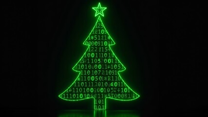 Digital Christmas tree illuminated with binary code in a dark setting during the holiday season