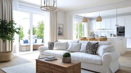 A modern, minimalist living room featuring a white sofa, wood accents, large windows, and abundant greenery creating an inviting space.