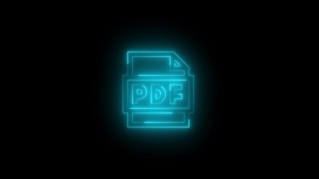 Neon PDF icon glowing black background animation