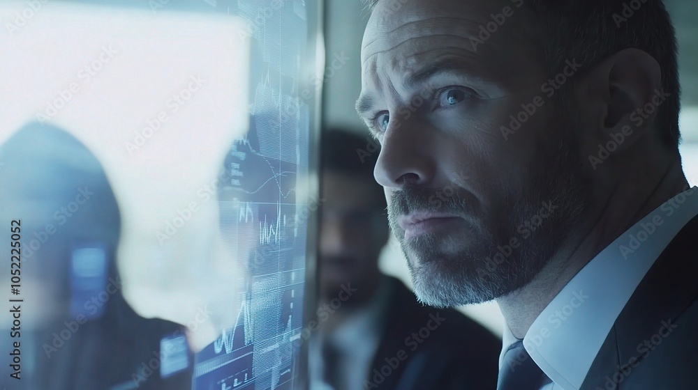 Poster professional man analyzing data on digital display