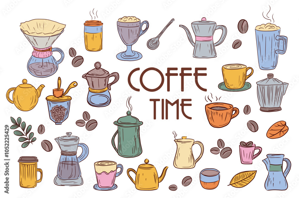 Aufkleber coffee stickers mega set elements in flat graphic design. collection objects of different cups with 
