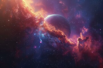 Colorful cosmic nebula with distant planet amidst stars and galaxies.