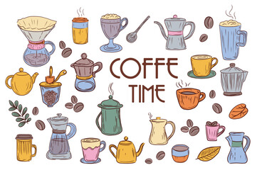 Coffee stickers mega set elements in flat graphic design. Collection objects of different cups with hot drink, coffee beans and leaves, pots and kettles for beverage making. Vector illustration.