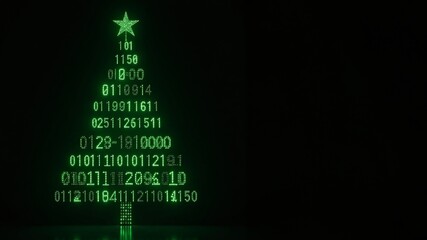 Digital Christmas tree design illuminated in green using binary code against a dark background