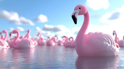 Naklejka premium Pink Flamingos in Calm Waters