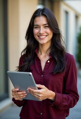 Fototapeta premium Cheerful Young Woman Holding a Tablet Outdoors in An Urban Setting Ideal for Business and Technology Themes