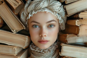 A young woman surrounded by open books, showcasing a unique artistic expression in a serene, intellectual atmosphere