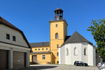 Chapel and palace tower in the palace and park complex in Koszecin, Poland. Former estate of the Hohenlohe-Ingelfingen family, currently the seat of the "Slask" Song and Dance Ensemble