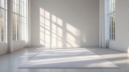 Fototapeta premium A peaceful empty room with large windows, sunlight streaming through, and a minimalist rug creating an airy atmosphere.
