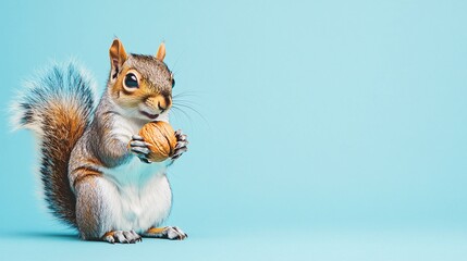 Curious Squirrel Holding a Nut Against Blue Background
