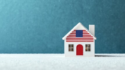 USA flag Christmas lights illuminating a snowy house, 3D illustration